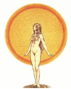 a drawing of a woman standing in front of an orange circle with sunbursts