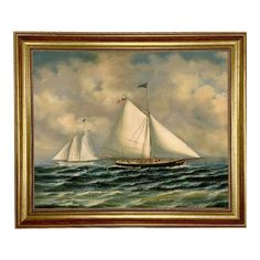 a painting of two sailboats in the ocean