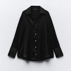 Nwt. Zara Black Flowy Satin Effect Shirt With V-Neck, Lapel Collar And Long Sleeves. Front Button Closure. Size M. Ref. 8741/256. Pit To Pit 22" Flat, Shoulders 18", Sleeves 21,5", Length 31". S Affordable Black Semi-formal Shirt, Black Shirts For Woman, Black Satin Button Down Shirt, Satin Noir, Shirt Blouses Tops, Satin Shirt, Basic Shirts, Dress With Cardigan, Blazer Dress