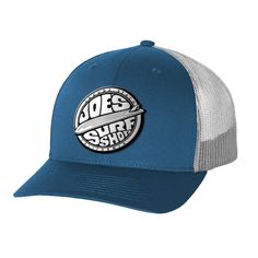 a blue and white trucker hat with the words goes swire inside on it