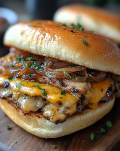 a cheeseburger with meat and onions on a wooden cutting board, ready to be eaten