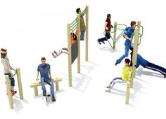 several people are playing on the playground equipment