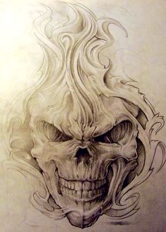 a drawing of a skull with flames coming out of it