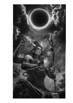 an image of the hindu god sitting in front of a black and white background with clouds