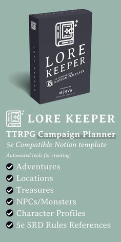 In the Lore Keeper 5e Notion Template, you'll find everything you need to start your own TTRPG adventures quickly and methodically. Stay organized using our pre-built templates in our databases for adventures, treasure, locations, and much more. The Lore Keeper is the digital binder you wish you had years ago!

Learn more at minvathemes.com or click link on pin. Dnd Template, Dnd Map Making, Digital Binder, Notion Tips, Character Profiles, Map Making, Dnd Inspiration, Monster Characters, Table Top Design