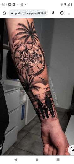 a man with a clock and palm tree tattoo on his arm is holding the hand of another person