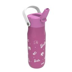 a pink water bottle with white handles