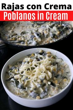 two bowls filled with pasta and vegetables on top of a black counter next to the words raaison crema poblaanos in cream