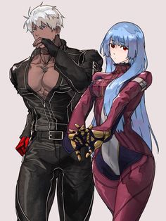 two anime characters standing side by side, one with blue hair and the other wearing black