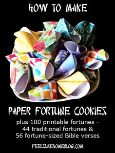 a bowl full of paper fortune cookies with the words how to make it in white lettering