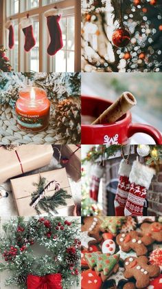 a collage of christmas decorations, candles and cookies on display in front of a window