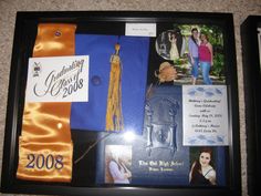 a graduation collage is displayed in a black shadow box with gold tassels