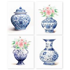 four blue and white vases with pink flowers in them on a white background, set of 4