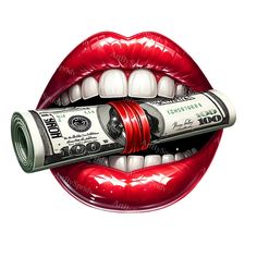 a roll of money sticking out of the mouth of a woman's red lips