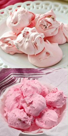 two plates filled with pink ice cream next to each other