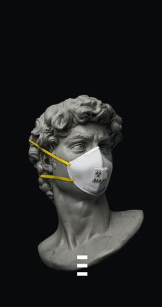 a white bust wearing a face mask with yellow wires in it's mouth and the words