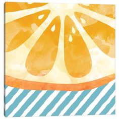 a slice of orange sitting on top of a blue and white striped table cloth with watercolor stripes