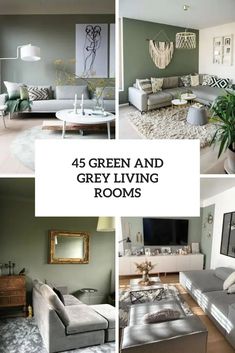 four different living room pictures with green and grey colors in the same color palettes