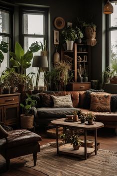 a living room filled with lots of plants and furniture