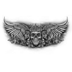 a black and white drawing of a skull with wings