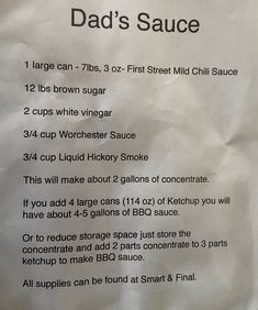 the menu for dad's sauce is written in english