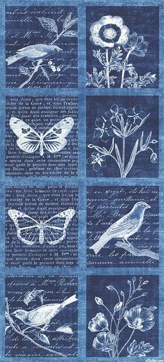 a blue and white quilt with different images of flowers, birds and butterflies on it