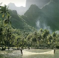 two people standing in the water with a fishing net on their feet, surrounded by palm trees and mountains