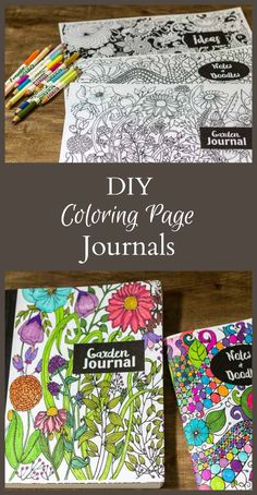 two coloring pages with the title diy coloring page journals on top and below them