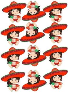 a bunch of hats that are shaped like women in mexican dress and sombreros