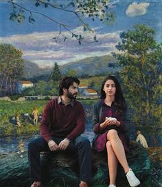 two people sitting next to each other on top of a tree branch in front of a painting