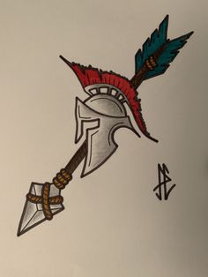 a drawing of a spartan helmet with an arrow on it