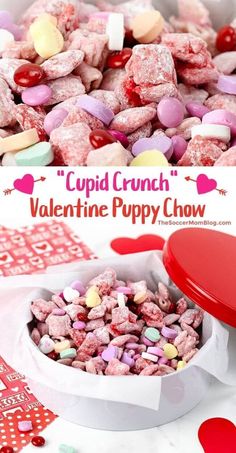 This Valentine’s puppy chow is Cupid’s favorite snack mix! Crunchy Chex cereal coated in smooth white chocolate and mixed with lots of festive candy…what’s not to love?! Every bite is crispy, sweet, and crave-worthy. Make this quick and easy recipe today! Menu St Valentin, Puppy Chow Recipe, Valentines Party Food, Chow Recipe, Dessert Light, Smores Dessert, Valentine's Day Treats, Valentines Snacks, Puppy Chow Recipes