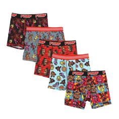 Elevate your child's wardrobe with this officially licensed five-pack of Five Nights at Freddy's boys' boxer briefs! Each of the five pairs of included boxers features vibrant, professionally printed graphics of favorite series characters, bringing the excitement of the gaming universe to life. Crafted from a comfortable blend of 83% polyester, 9% recycled polyester, and 8% spandex brush, these boxer briefs offer a soft and flexible fit that promises the utmost comfort for all-day wear. When it' Series Characters, Magic For Kids, Boy Character, Adventure Time Art, Five Night, Five Nights At Freddy's, Boxer Briefs, Repeating Patterns