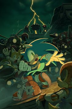 sonic the hedgehog and other cartoon characters in front of a dark, spooky background