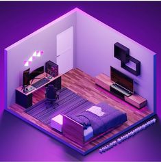 a purple room with a bed, desk and television