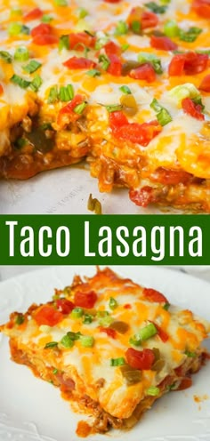 taco lasagna casserole on a white plate with the title above it