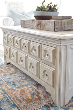 an old dresser is turned into a coffee table