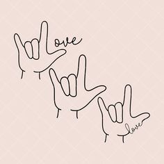 two hands with the word love written on them and one hand in the shape of a peace