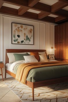 a large bed in a bedroom next to a wall with wood paneling on it