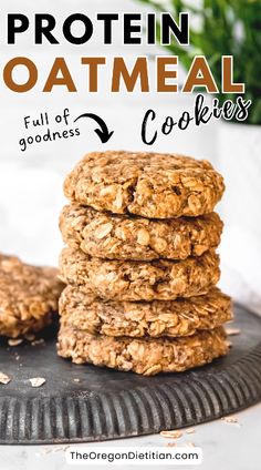 three oatmeal cookies stacked on top of each other with text overlay