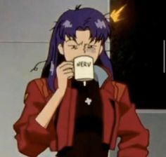 an anime character is drinking from a mug