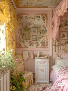 a bedroom with pink walls and floral wallpaper