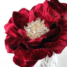 a red flower in a clear vase on a white background with crystal brooches