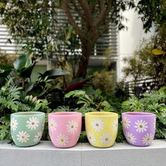 four flowered cups are lined up on a ledge