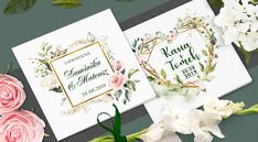 two wedding cards with flowers and greenery