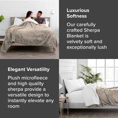 an advertisement for a bed with two people laying in it and the caption reads, elegant versaity plush micro fleece and high quality