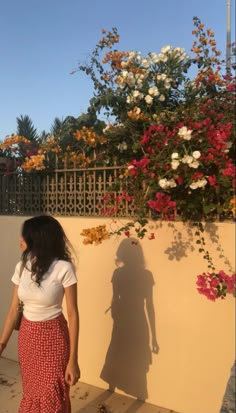 a woman in a red and white skirt standing next to a wall with flowers on it