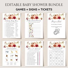 the editable baby shower game is shown in four different colors and sizes, including pumpkins