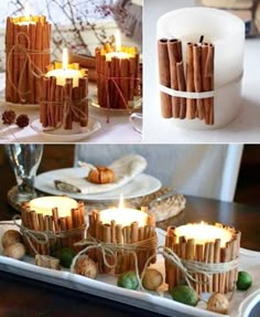 cinnamon sticks are wrapped in twine and placed next to candles on a platter