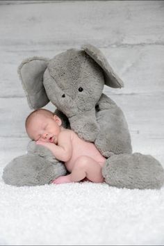 a baby laying next to an elephant stuffed animal